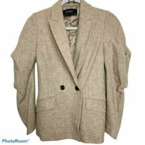 Zara Tan Ruched-Sleeve Lambswool Blazer Sz S NEW